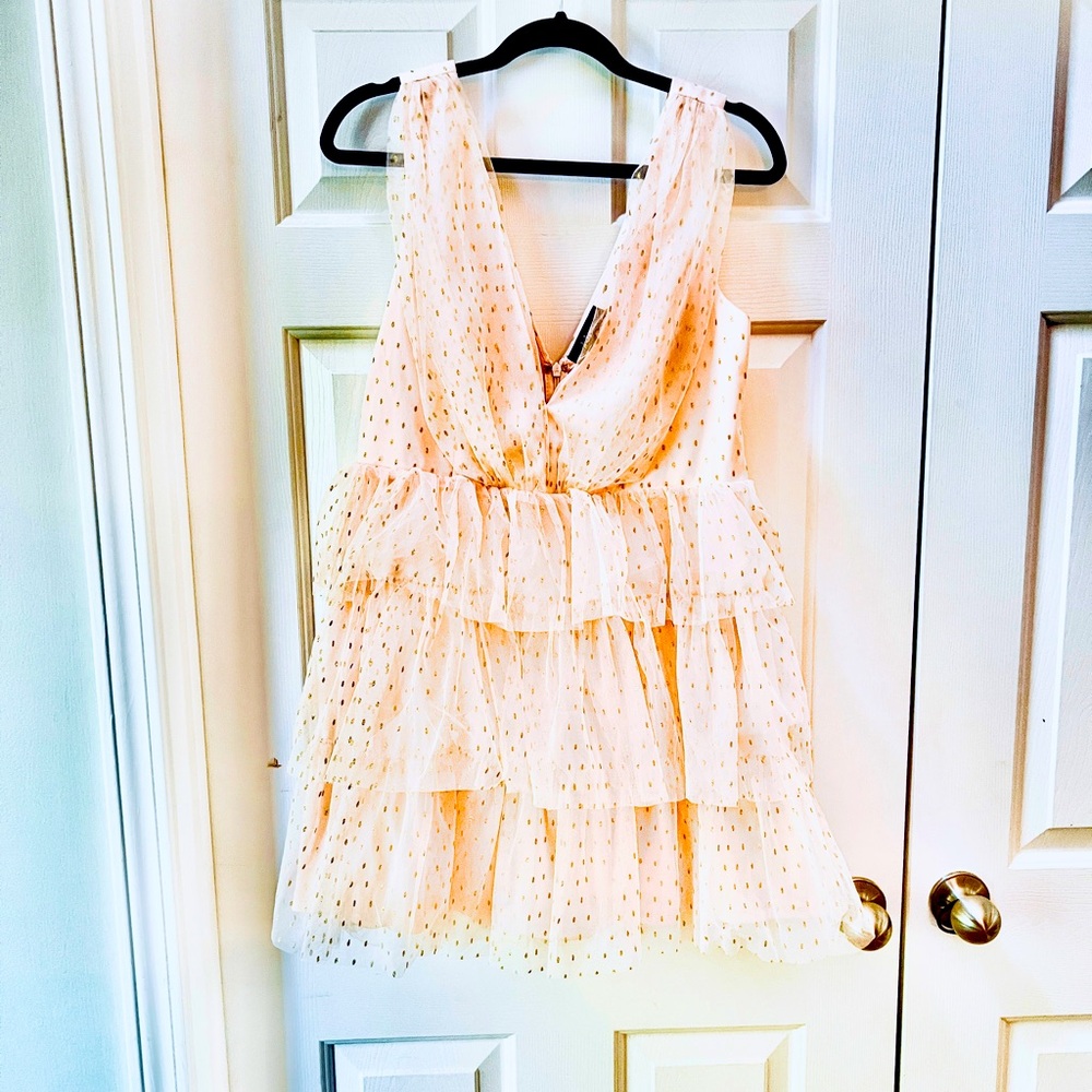 Lulu Blush Tulle Tiered Party Dress with gold polka dots